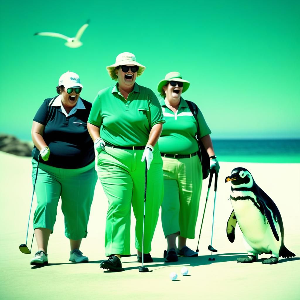 Penguins Golfing with Caddy: A Cinematic Still