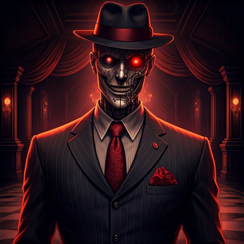Cyberpunk Casino Robot in Suit and Fedora