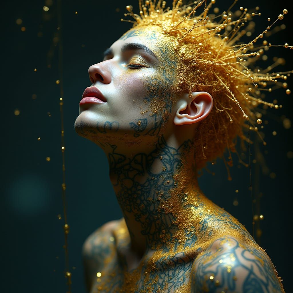 Ethereal Male Portrait with Neon and Gold Accents