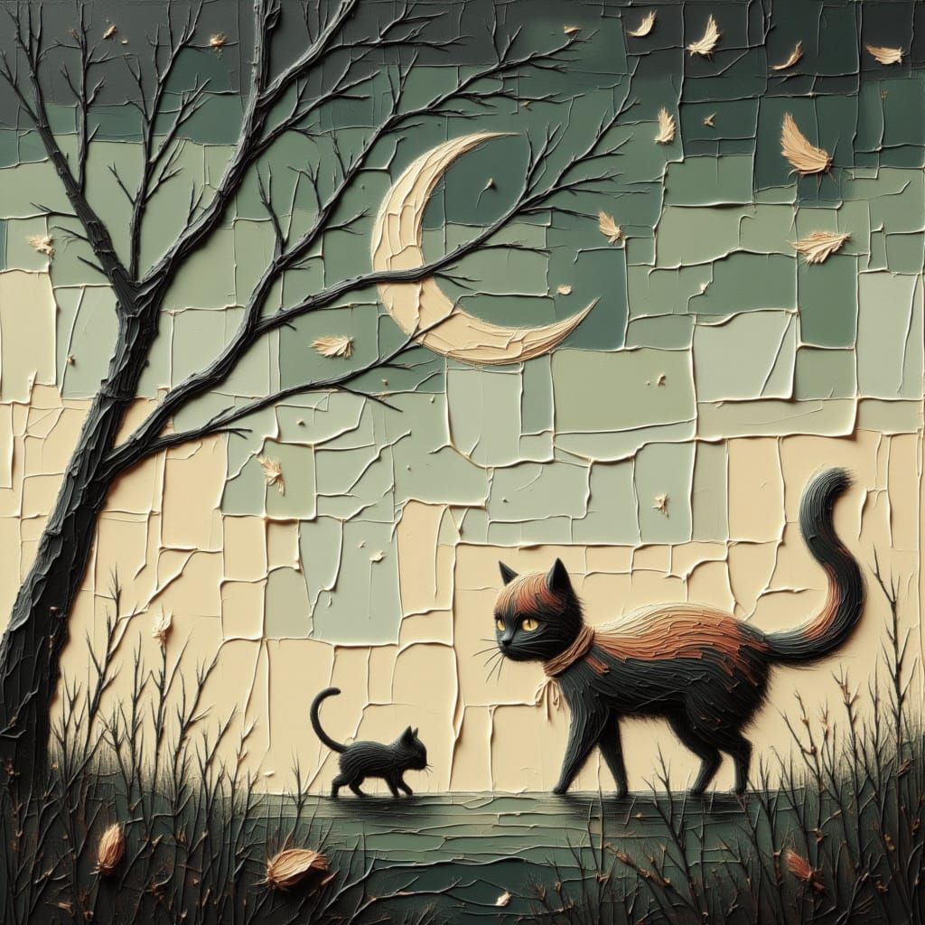 Calico Cat Hunts Mouse Under Tree