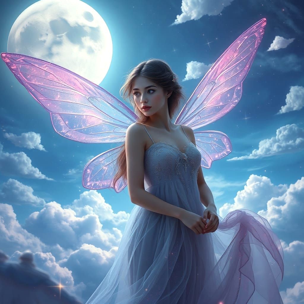 Fairy Woman Flying in Dreamy Moonlit Sky