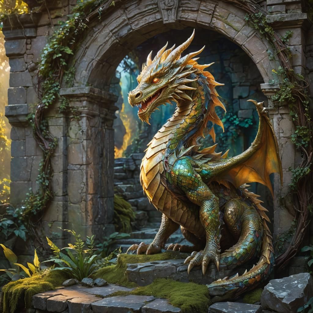 Dragon Guarding Portal in Fantasy Art Deco Style