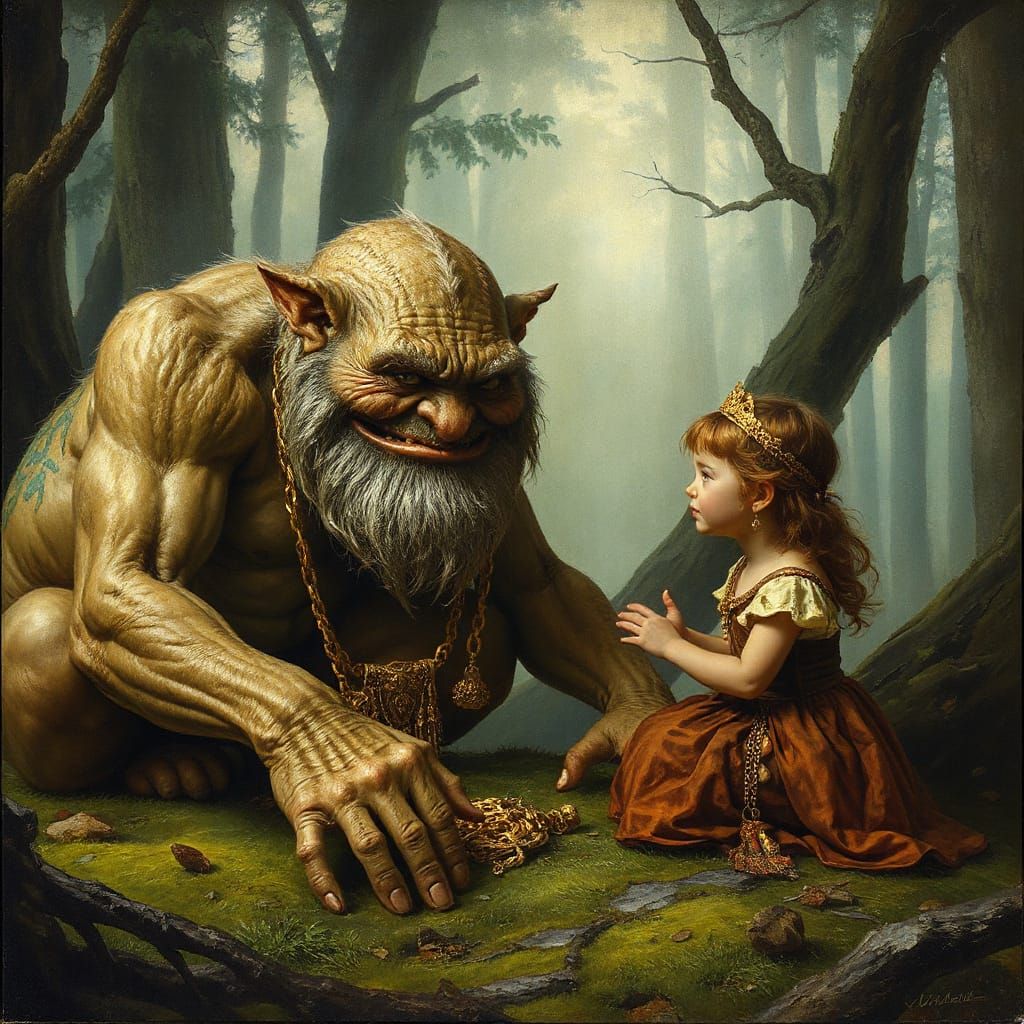 Princess and Troll Meeting in Forest, Fairy Tale Style