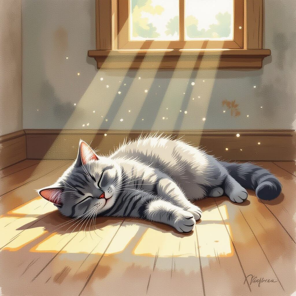 Gray Cat Sunbathing: Whimsical Art Style