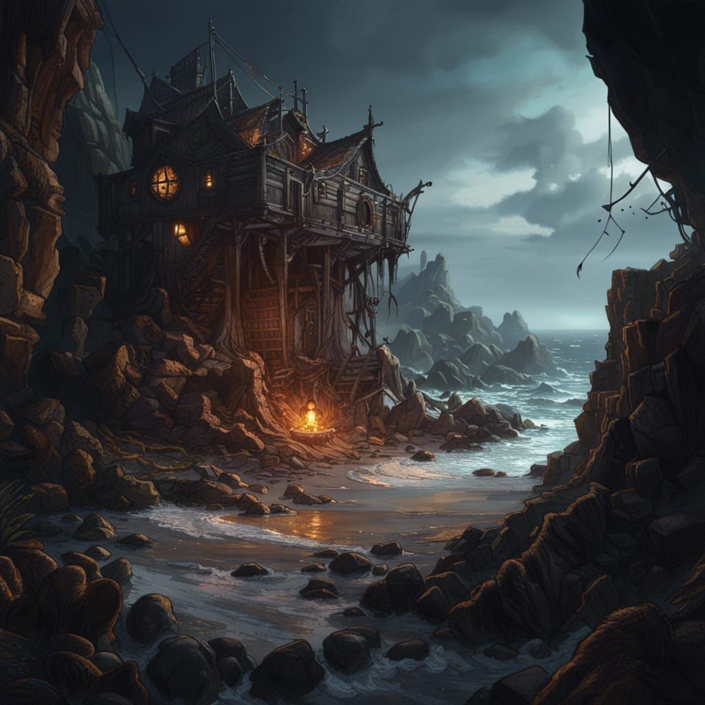 Apocalyptic Pirate Hideout on Rocky Shore