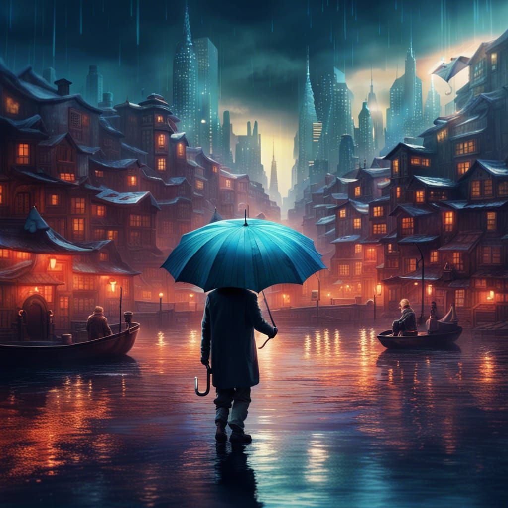 Cityscape Reflection: Man Walks on Water in Fantasy Art
