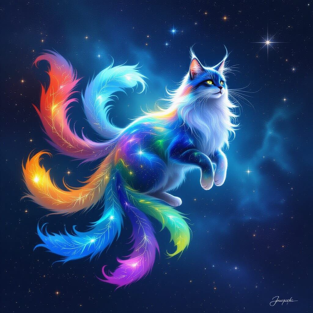 Celestial Cat with Nine Elemental Tails in Cosmic Glow