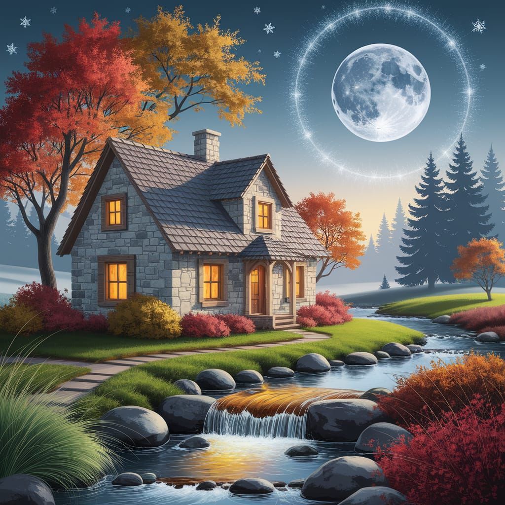 Charming Stone Cottage in Autumn Glade, Oil Painting