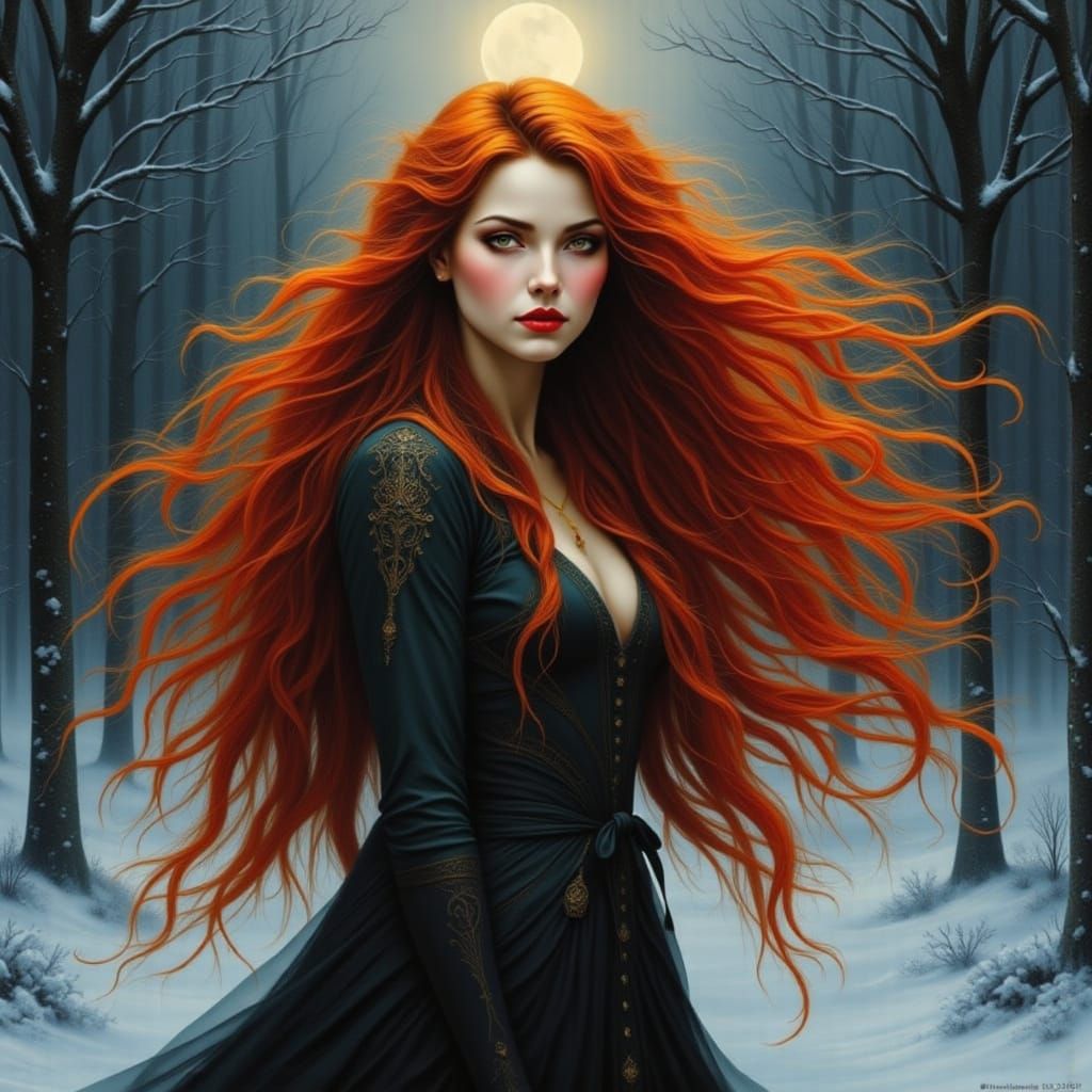 Woman With Winter Fire Hair in Moonlit Forest