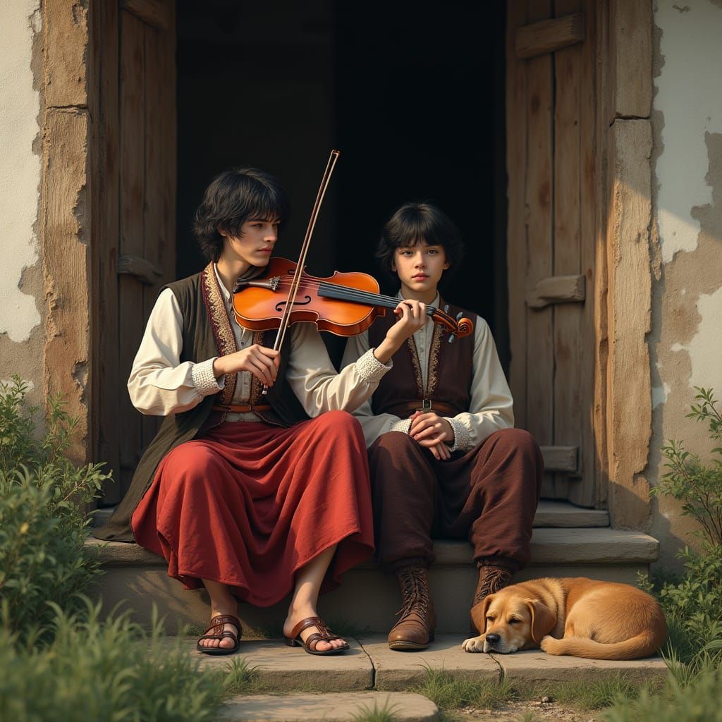 Hyperrealistic Photo of People in Gypsy Attire on Cottage St...