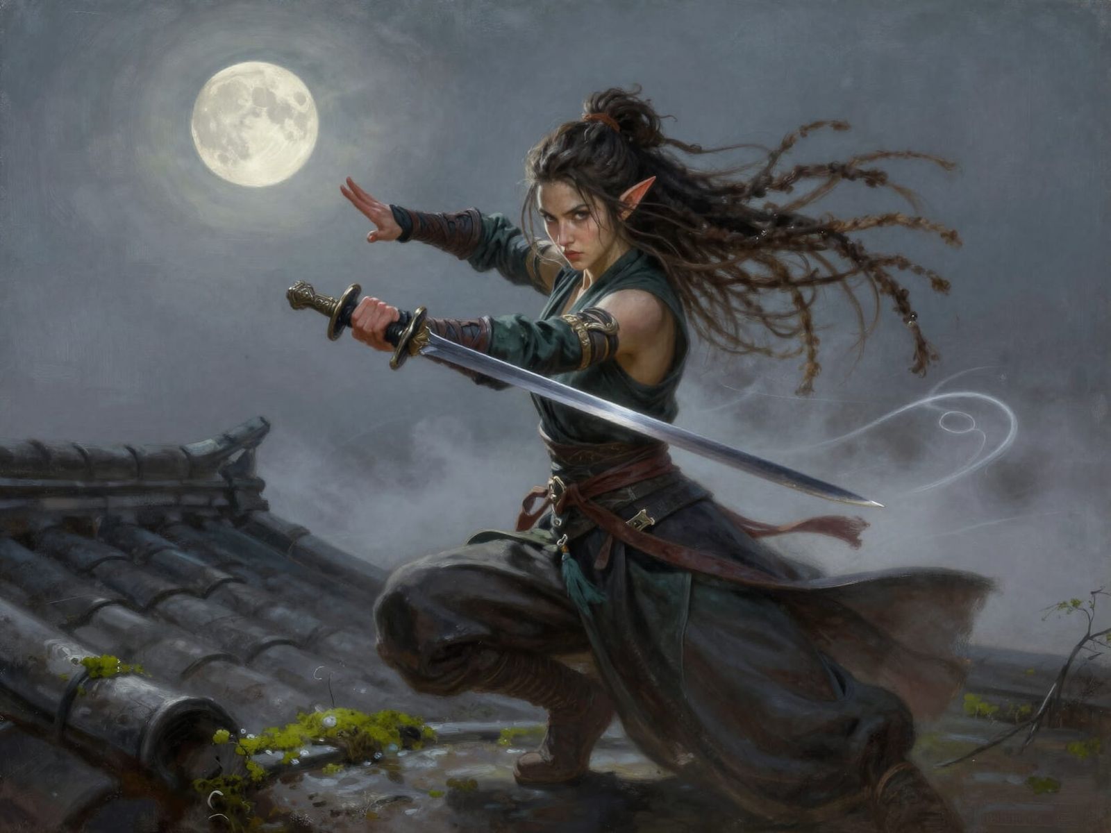 Elf Ninja Warrior in Moonlight Oil Painting