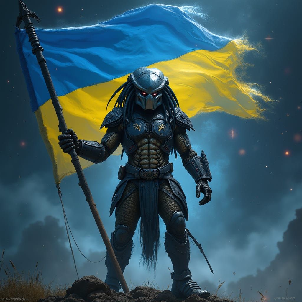 Intergalactic Hunter Wields Ukraine Flag Under Starry Skies