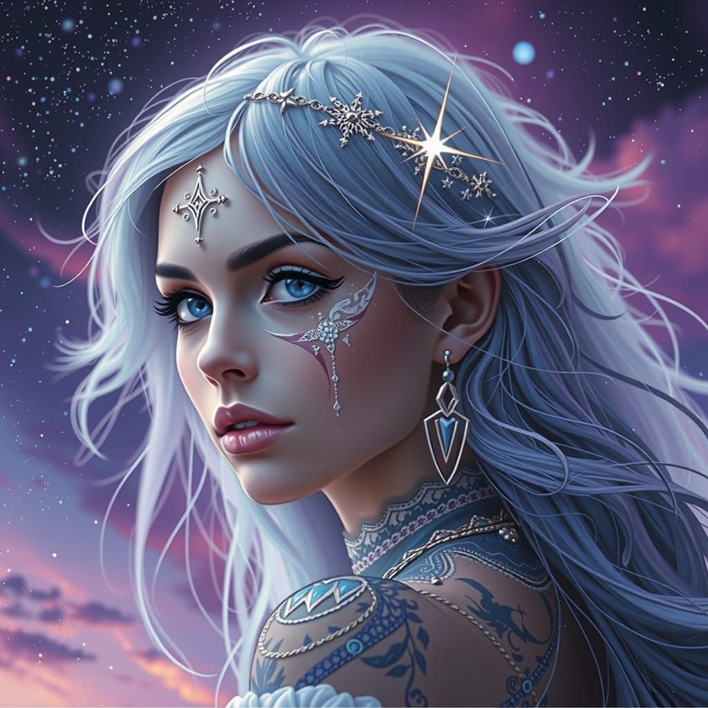 Mystical Woman with Blue Hair and Purple Sky