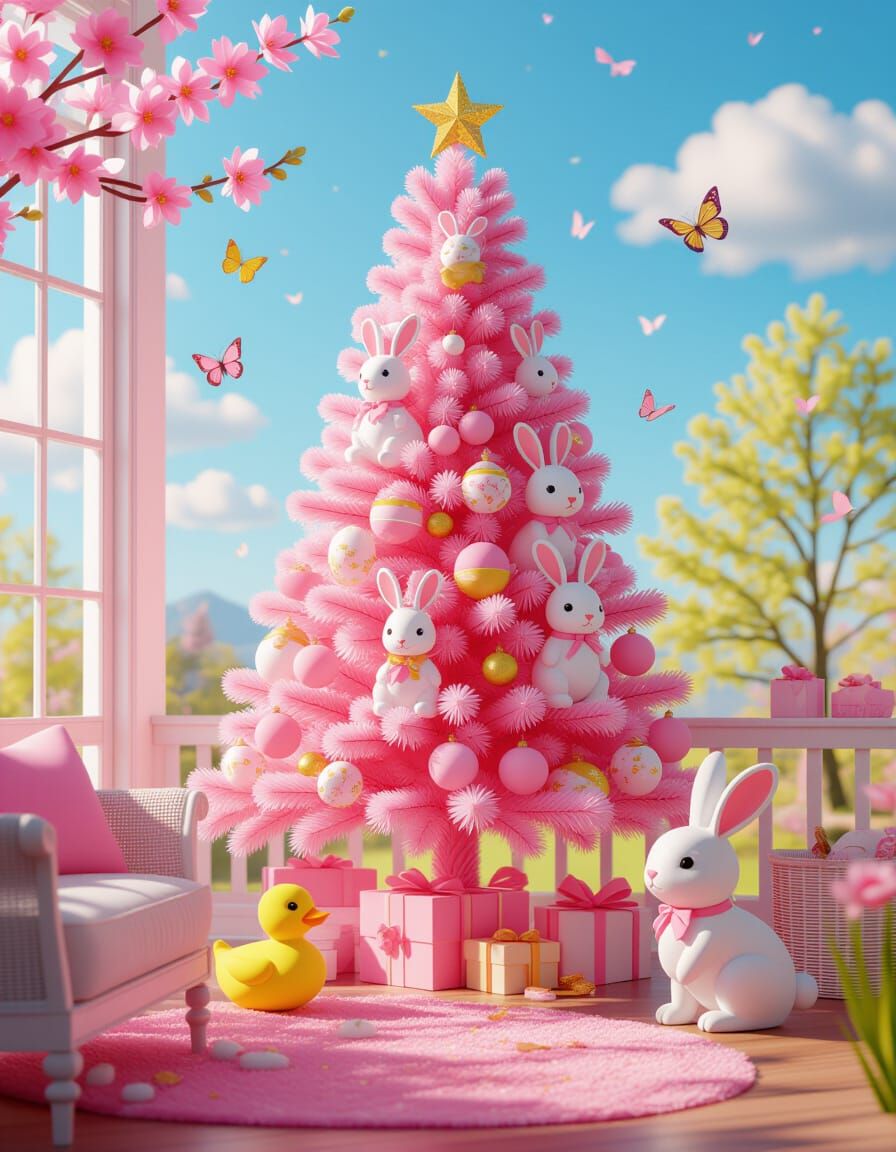 Pink Cozy Living Room with Rabbits: 3D Render