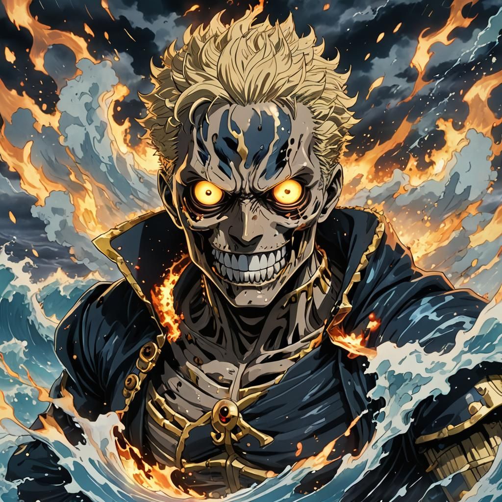 Anime Fusion: Character in Fiery Ocean Portrait