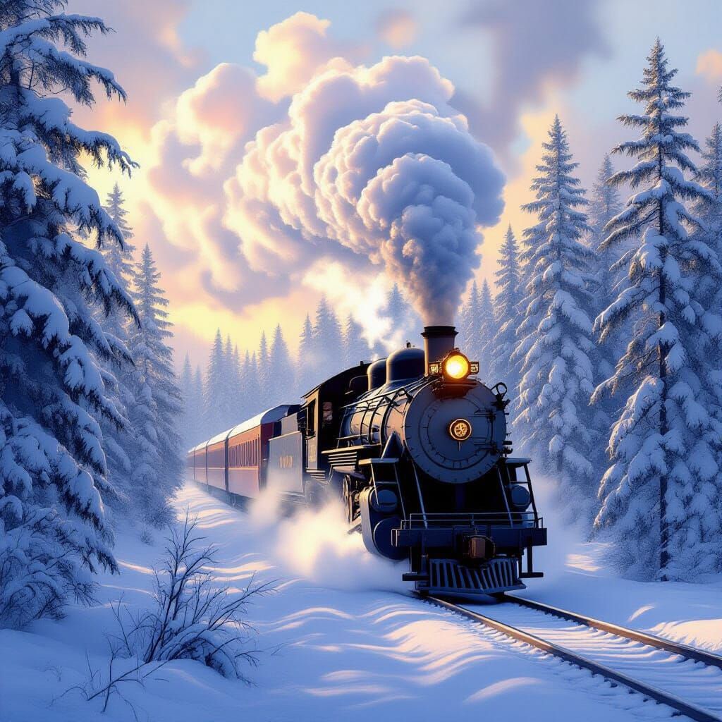 Majestic Steam Train in Enchanted Snowy Forest