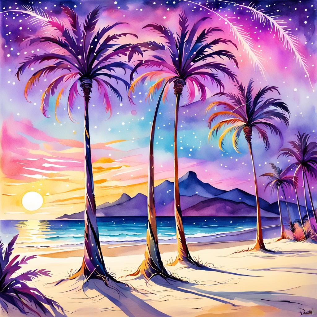 Whimsical Christmas Palm Trees in Watercolor Sunset