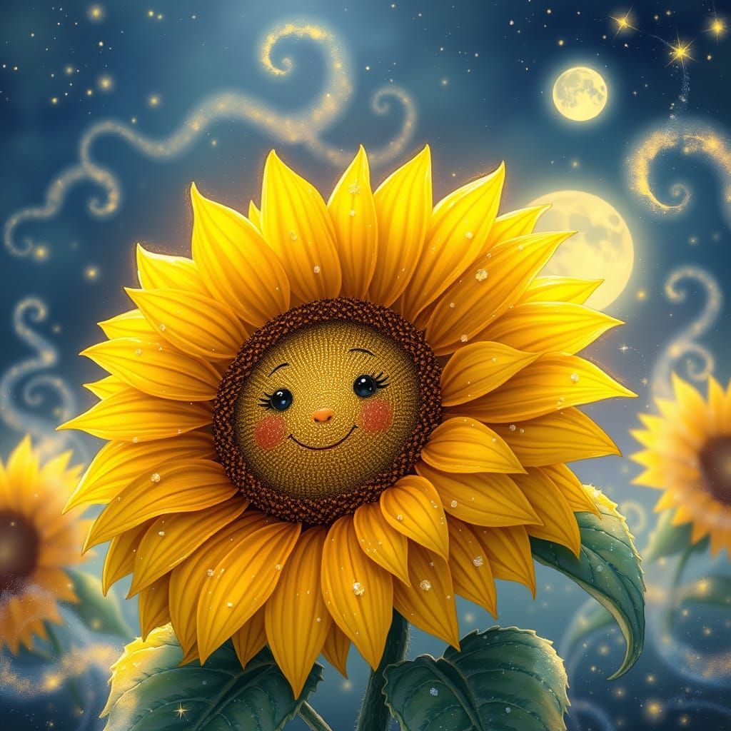 Whimsical Sunflower Dreams in Enchanted Nighttime