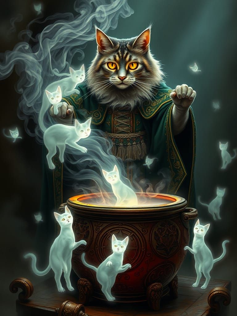 Wizard Cat Conjuring Potion with Ethereal Smoke