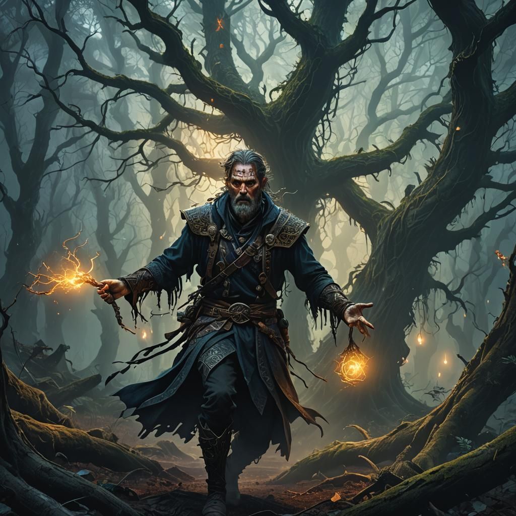 Scared Man in Eerie Forest: Fantasy Art