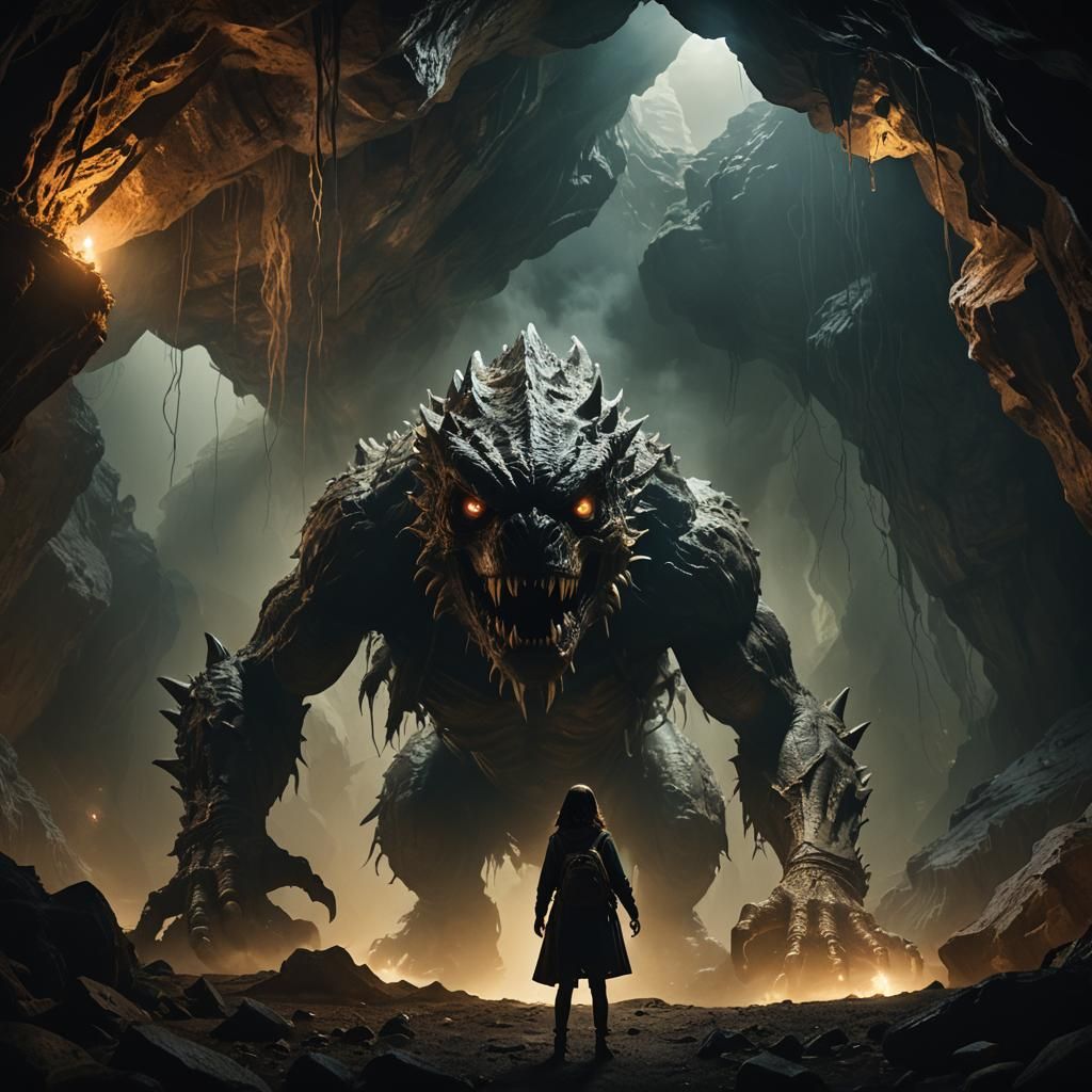 Girl's Cinematic Encounter with a Monster in a Cave