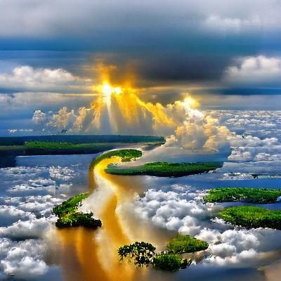 Sunlit Amazon River with Heavenly Beams