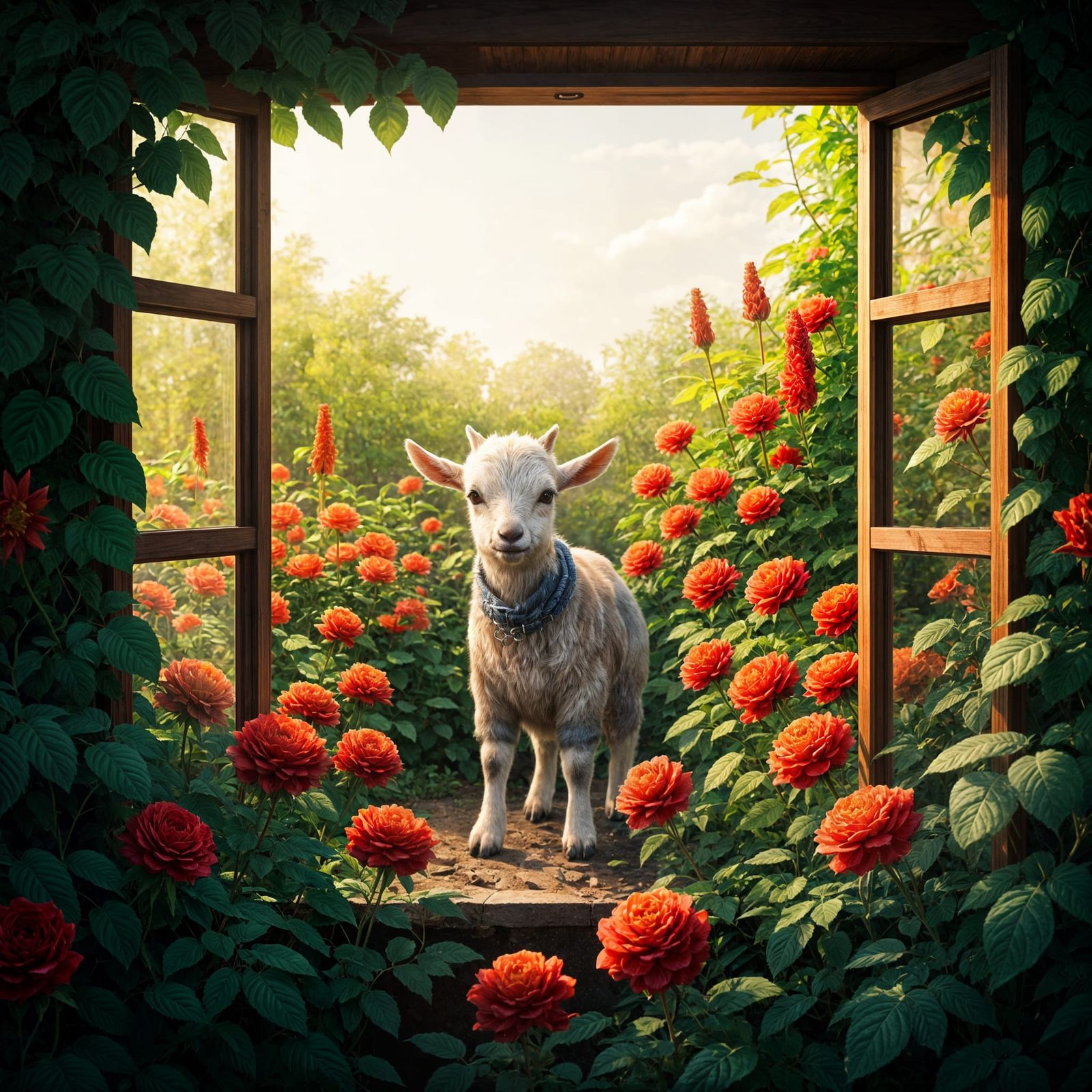 Anime Garden Window with Goat in 3D Style