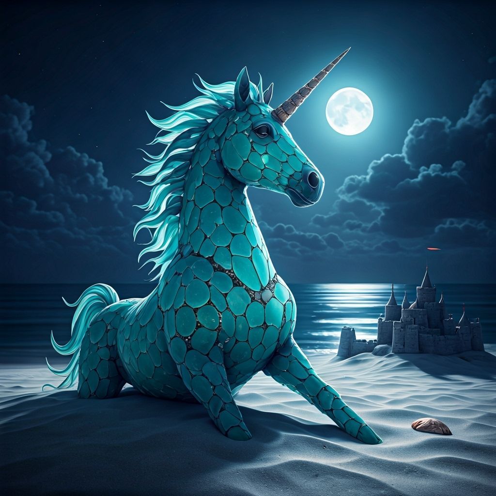 Sea Glass Unicorn Sculpture on Beach Under Full Moon
