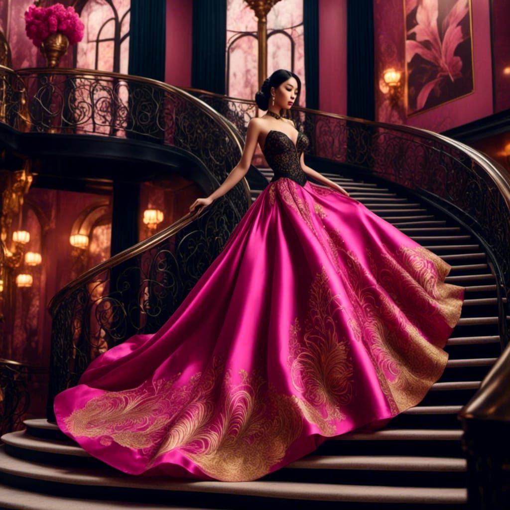 Asian Woman in low cut ball gown on ballroom balcony. Dark pink, black and gold. <lora:TropicalPunk:1.0> <lora:Gridrunne...