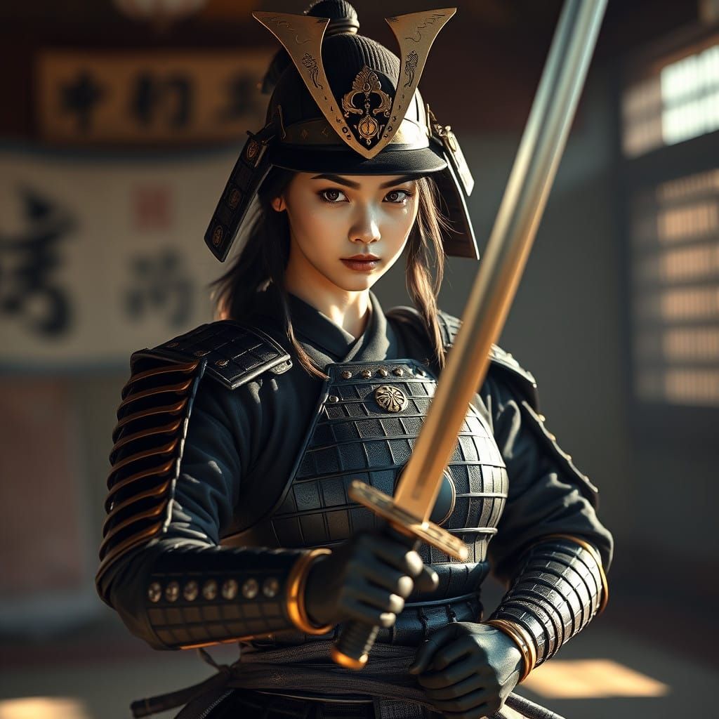 Majestic Female Samurai Warrior in Hyperrealistic Armor