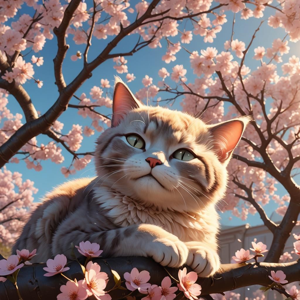 Peaceful Cat Nap Under Cherry Blossom Tree in Pixar Style