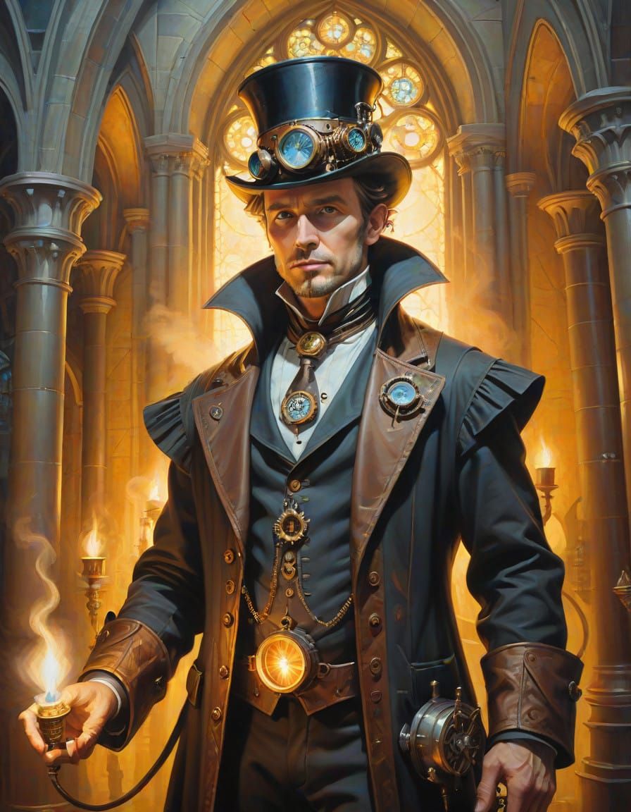 Steampunk Sorcerer in a Candlelit Cathedral
