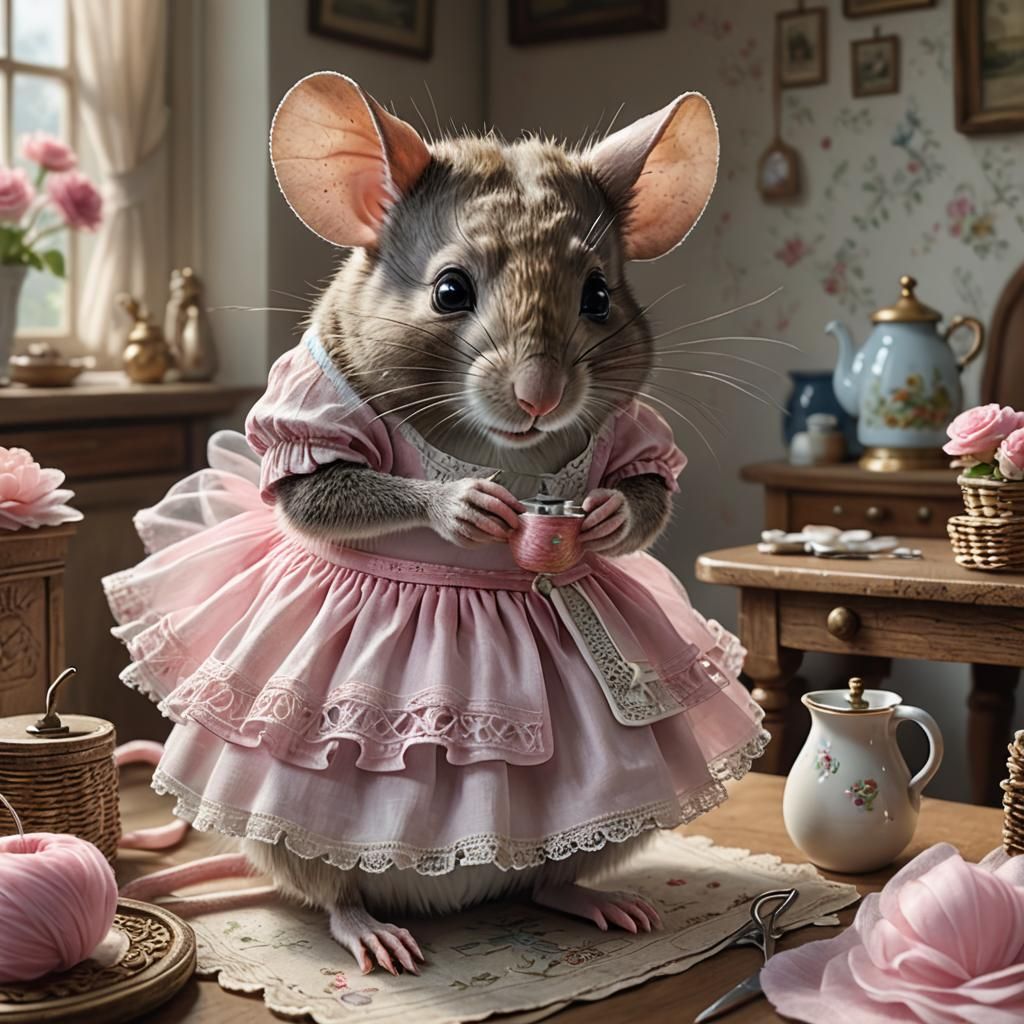 Adorable Mother Mouse Sewing a Tutu