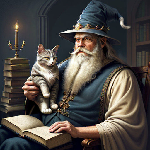 Whimsical Wizard Portrait with Cat in a Cozy Study