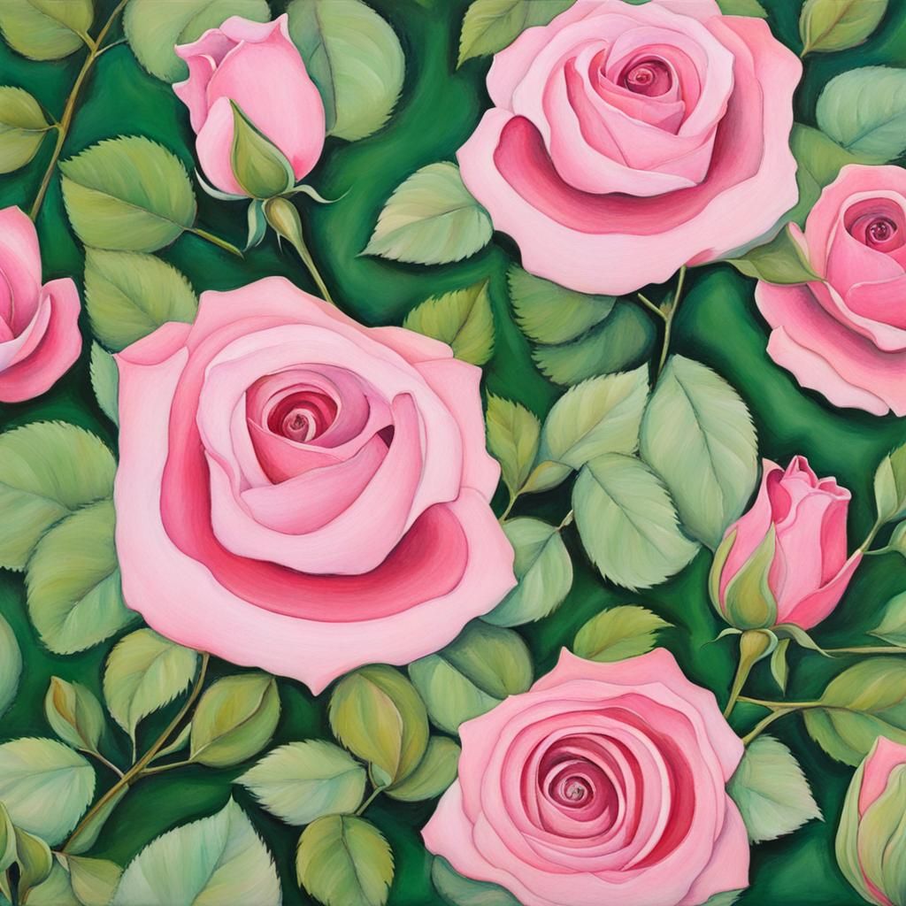 Pink Roses with Green Leaves Illustration