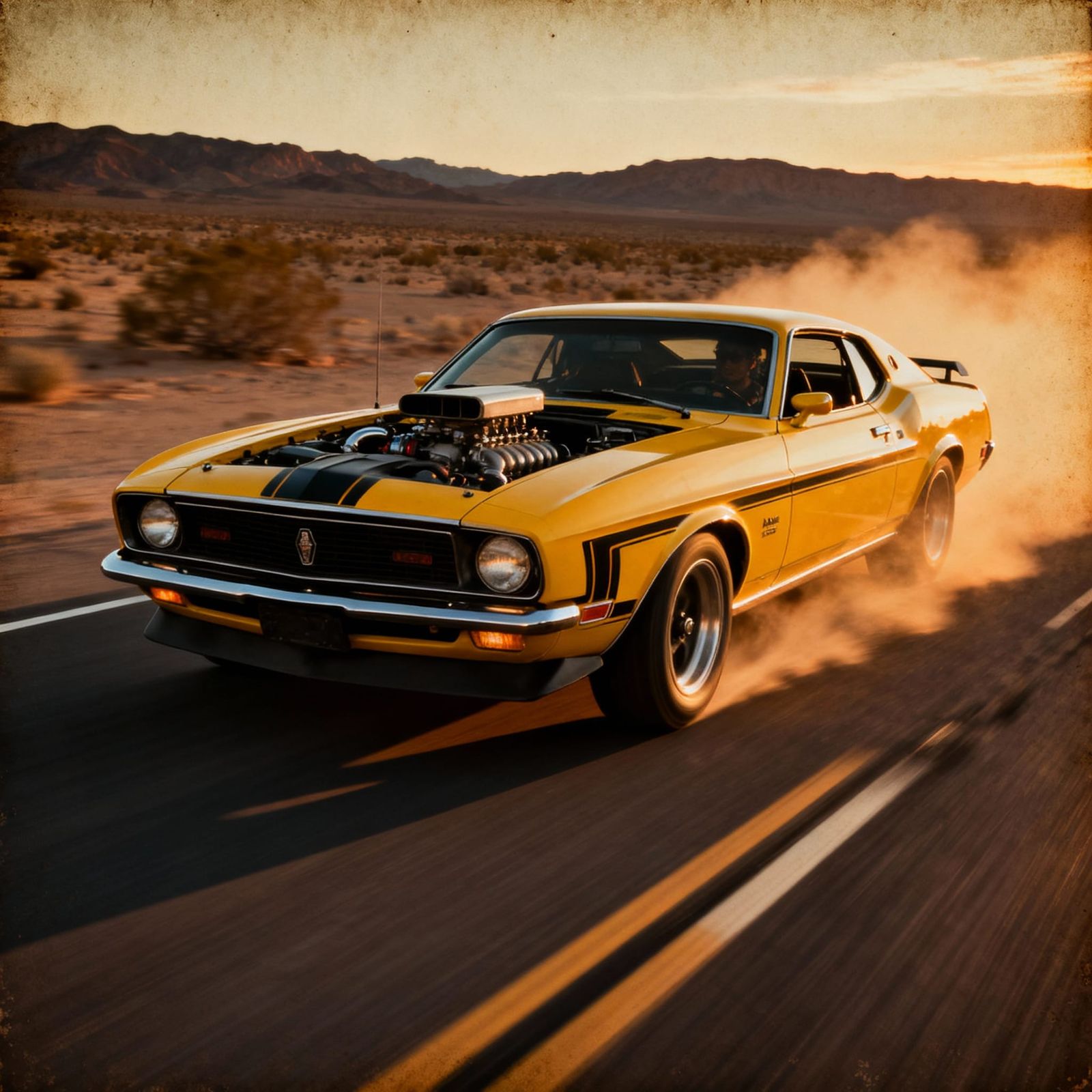 1973 Mustang Mach I Speeds Down Desert Highway at Dusk
