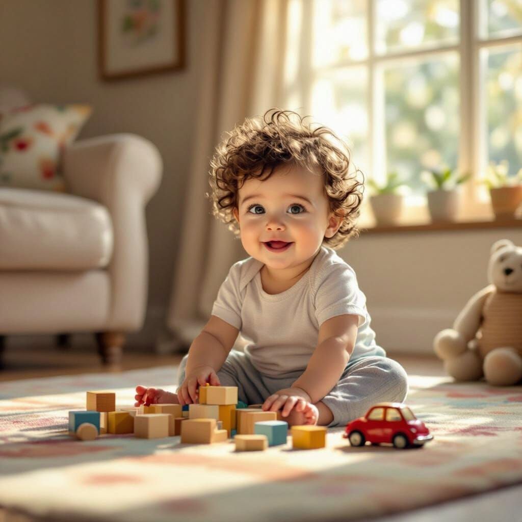 Joyful Baby Plays with Wooden Blocks in Sunlit Room