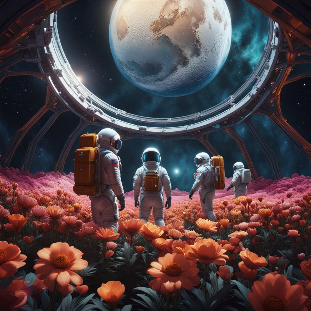 Lunar Greenhouse: Astronauts tending flowers on the Moon