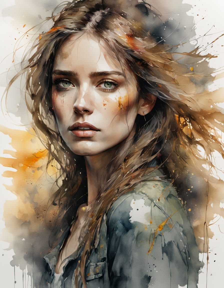 Strong Woman Portrait in Watercolor Style