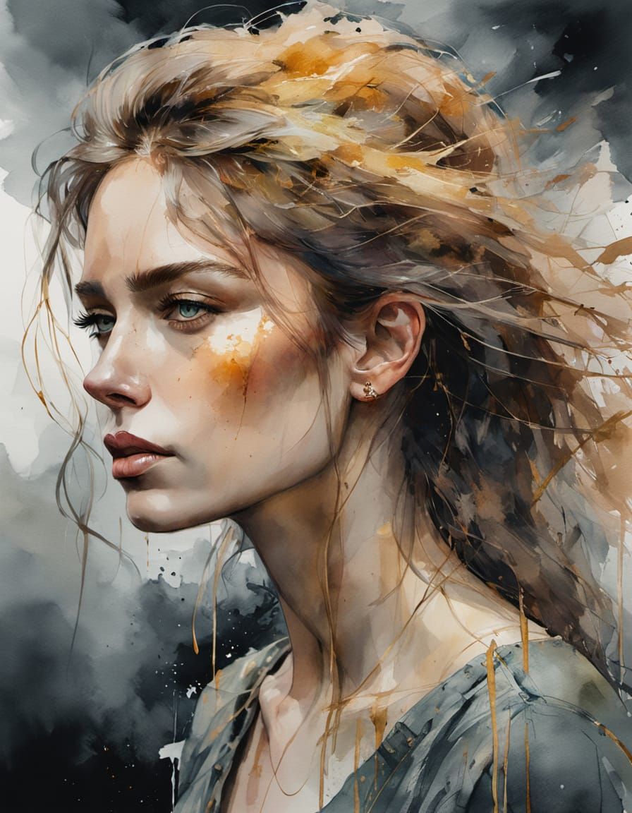 Strong Woman Against Stormy Horizon in Watercolor