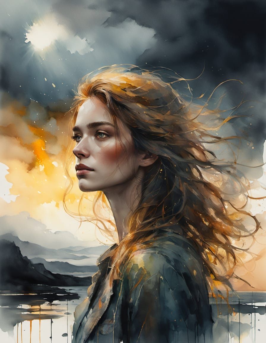 Strong Woman Portrait in Watercolor Style