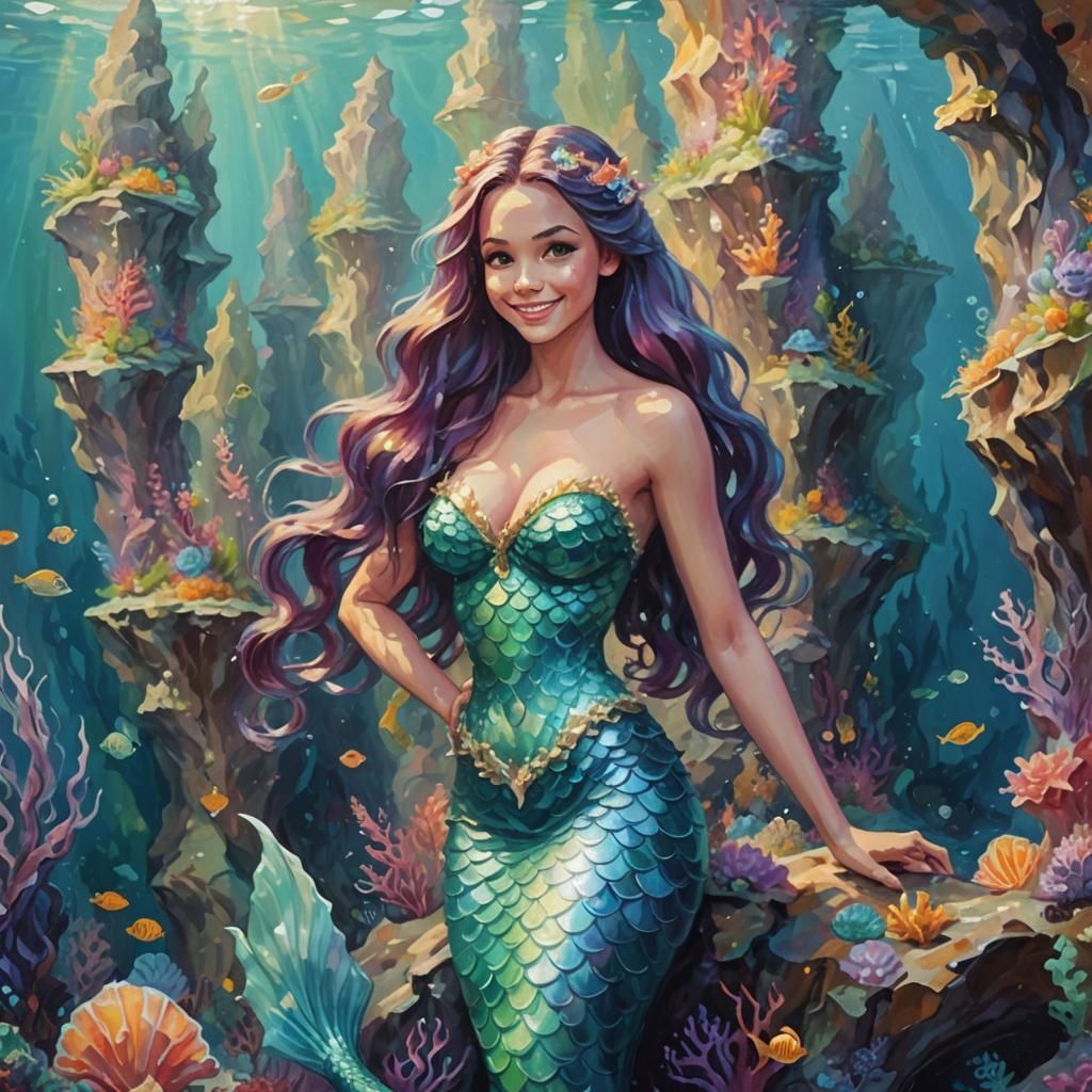 Smiling Mermaid in Underwater Grotto: Fauvist Oil Painting