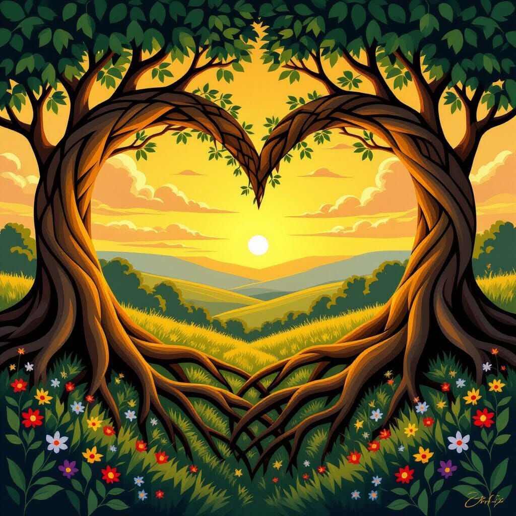 Intertwining Tree Roots Forming Heart in Golden Hour