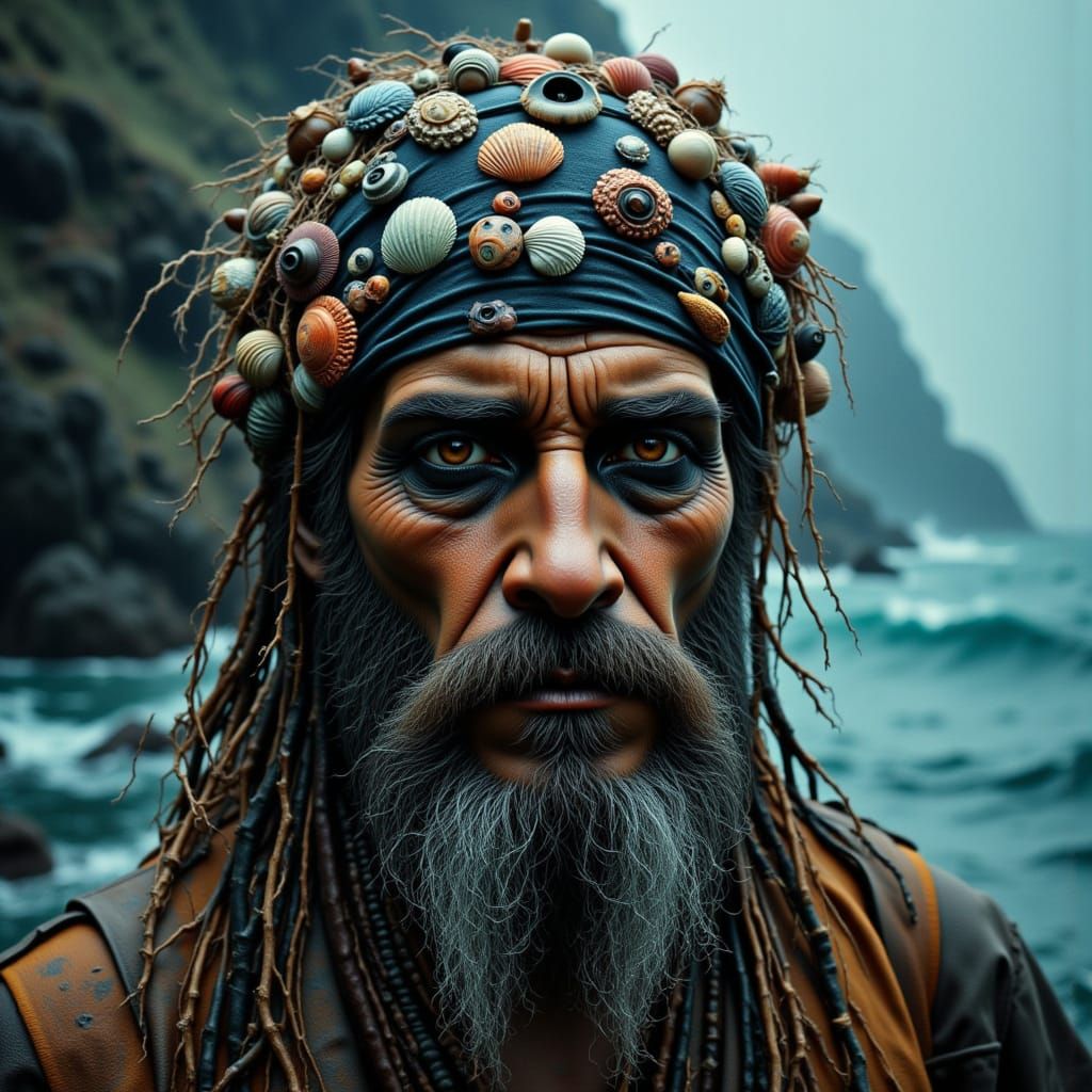 Pirate Adorned with Oceanic Treasures in Dramatic Oil Painti...