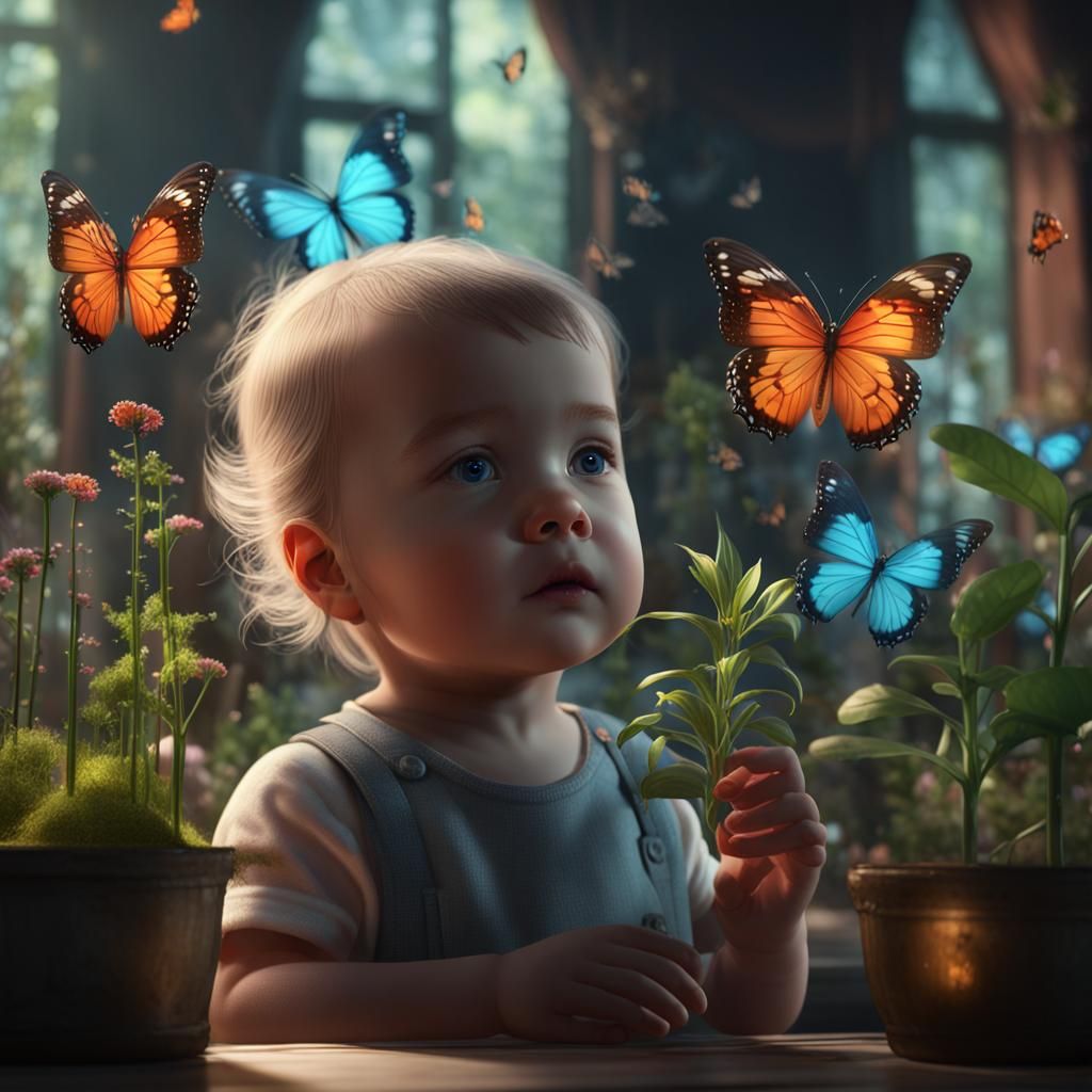 Animated Baby Girl Watches Butterfly in Glass