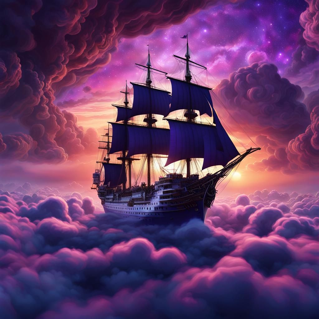 Mystical Ship Sailing Above Clouds at Sunset