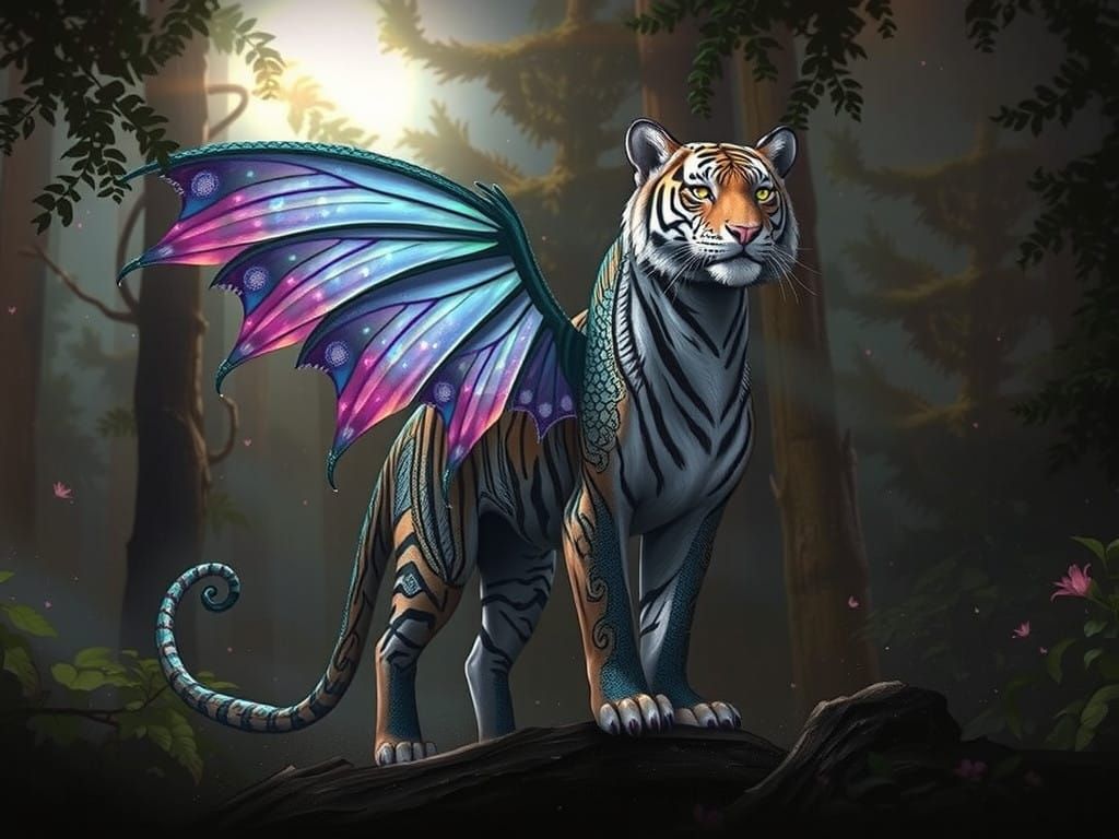 Majestic Fairy Dragon Tiger in a Lush, Misty Forest