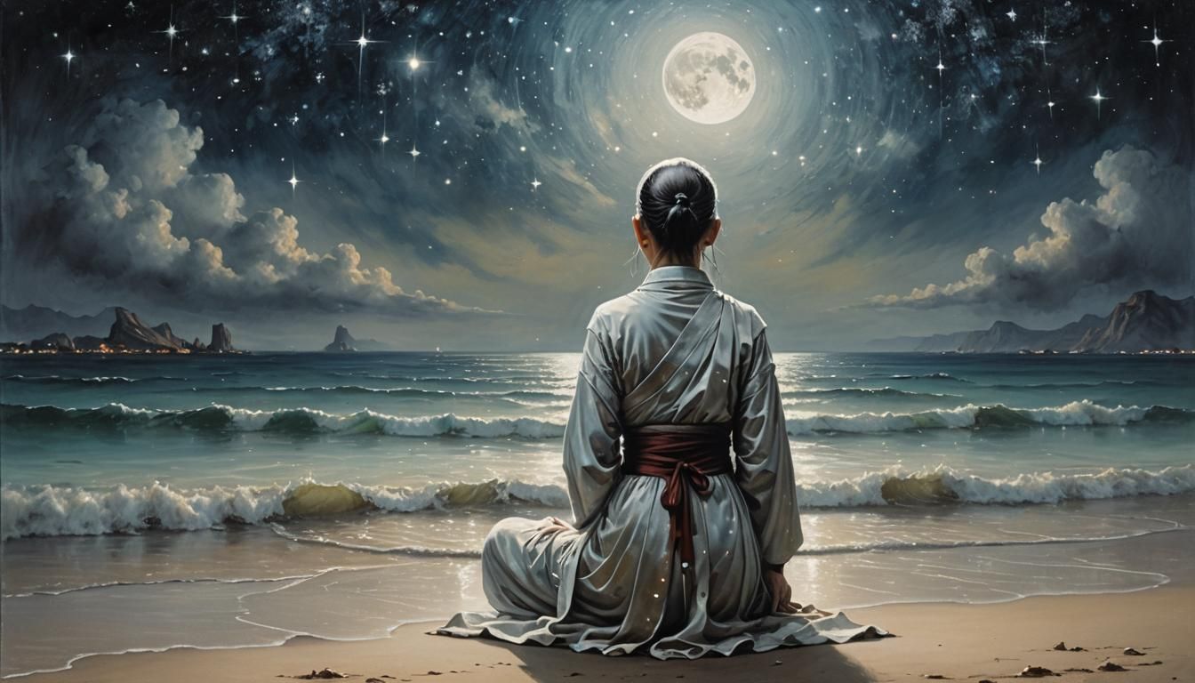 Buddhist Nun Meditates on Starry Beach, Luis Royo Style