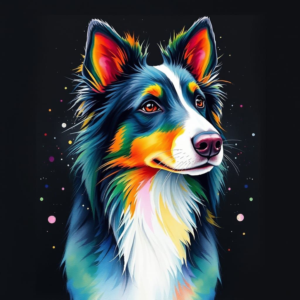 a watercolour sparkle splasches painting, a border collie in only rainbow colours , black background