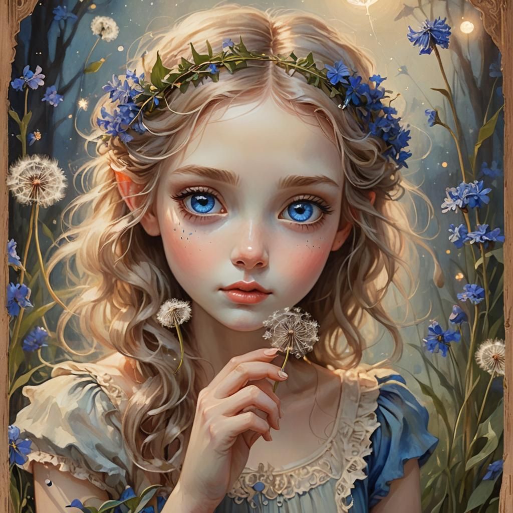 Fairy Girl Wishes on a Dandelion in Romantic Style